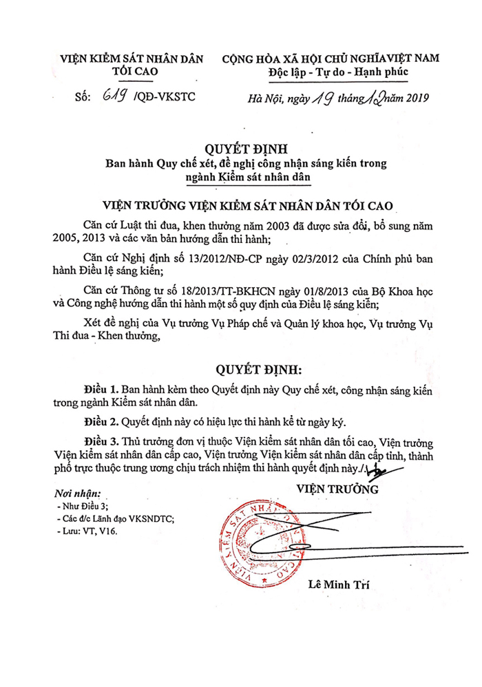 Quyết định 619/QĐ-VKSTC năm 2019 của Viện kiểm sát tối cao